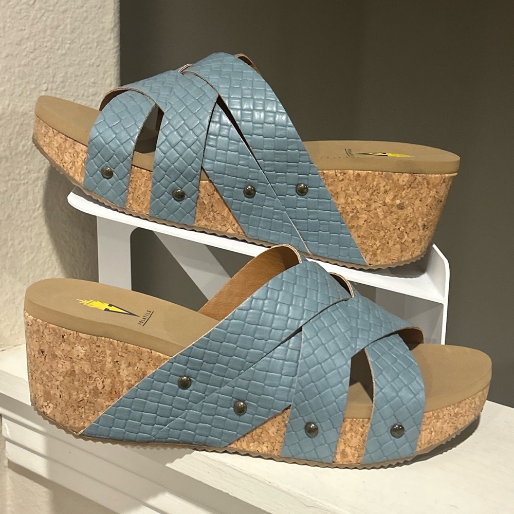 Volatile Platform Wedge Sandals Womens 11M Denim Cork Wedge NEW fast Shipping